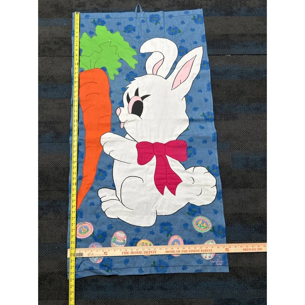 Vtg Handmade Easter Bunny Fabric Wall Hanging 52x28 Blue 1996 Spring Rabbit